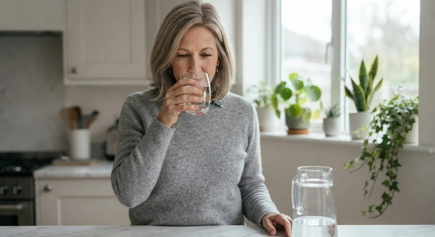 A woman drinks a glass of water at a kitchen counter in morning light