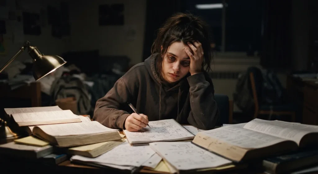 A stressed university student studying late at night, the group tested in the probiotic sleep studies