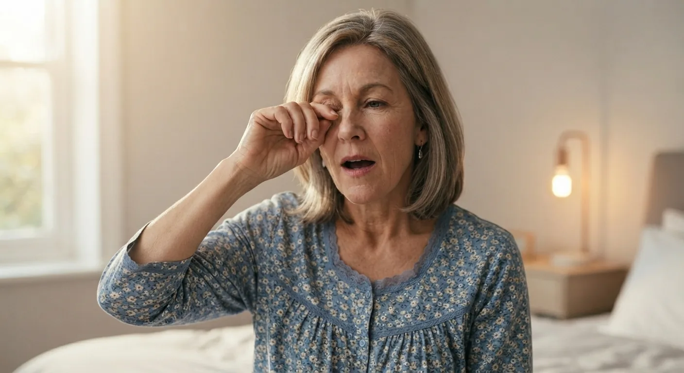 A tired woman rubbing her eyes as she sits up in bed in the morning