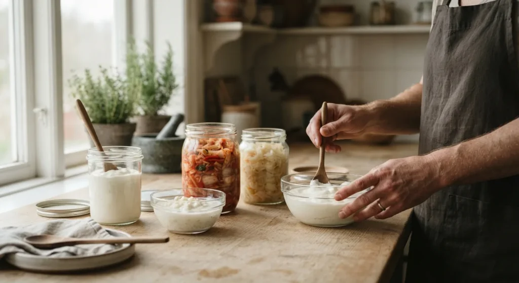Fermented foods in plain glass jars and bowls: yogurt, kefir, sauerkraut and kimchi