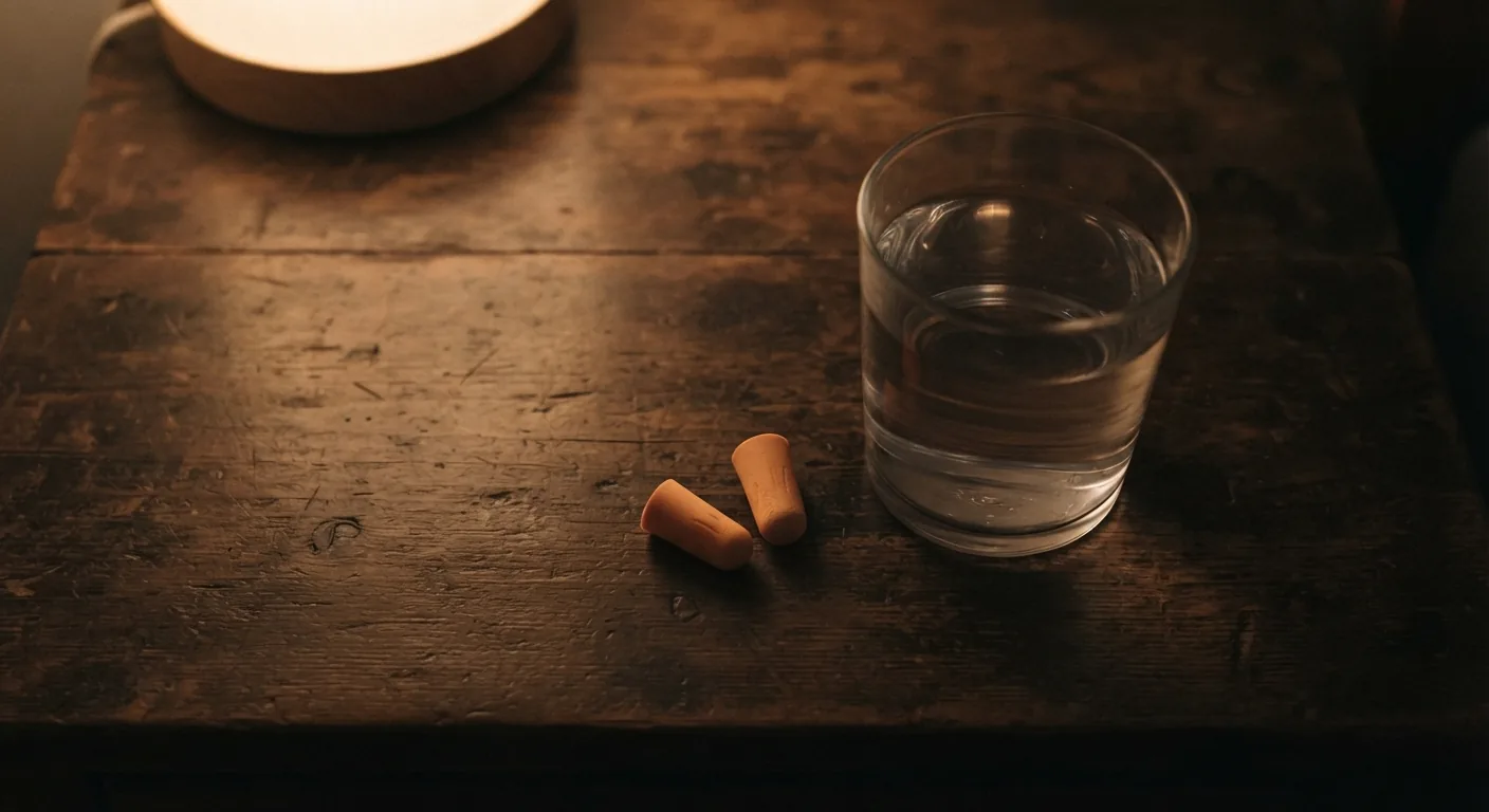 Foam earplugs and a glass of water on a bedside table to help you sleep with someone who snores