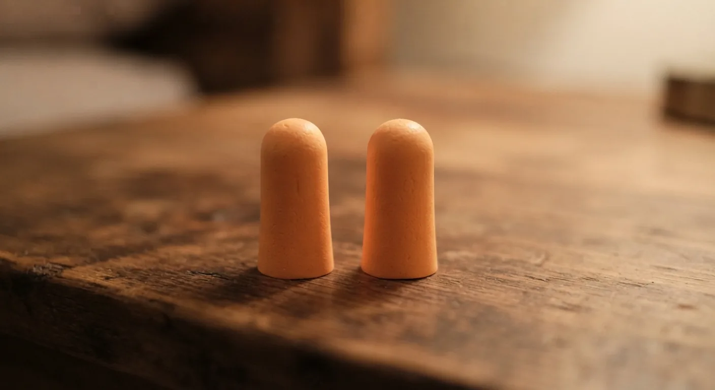 Two foam earplugs on a wooden nightstand