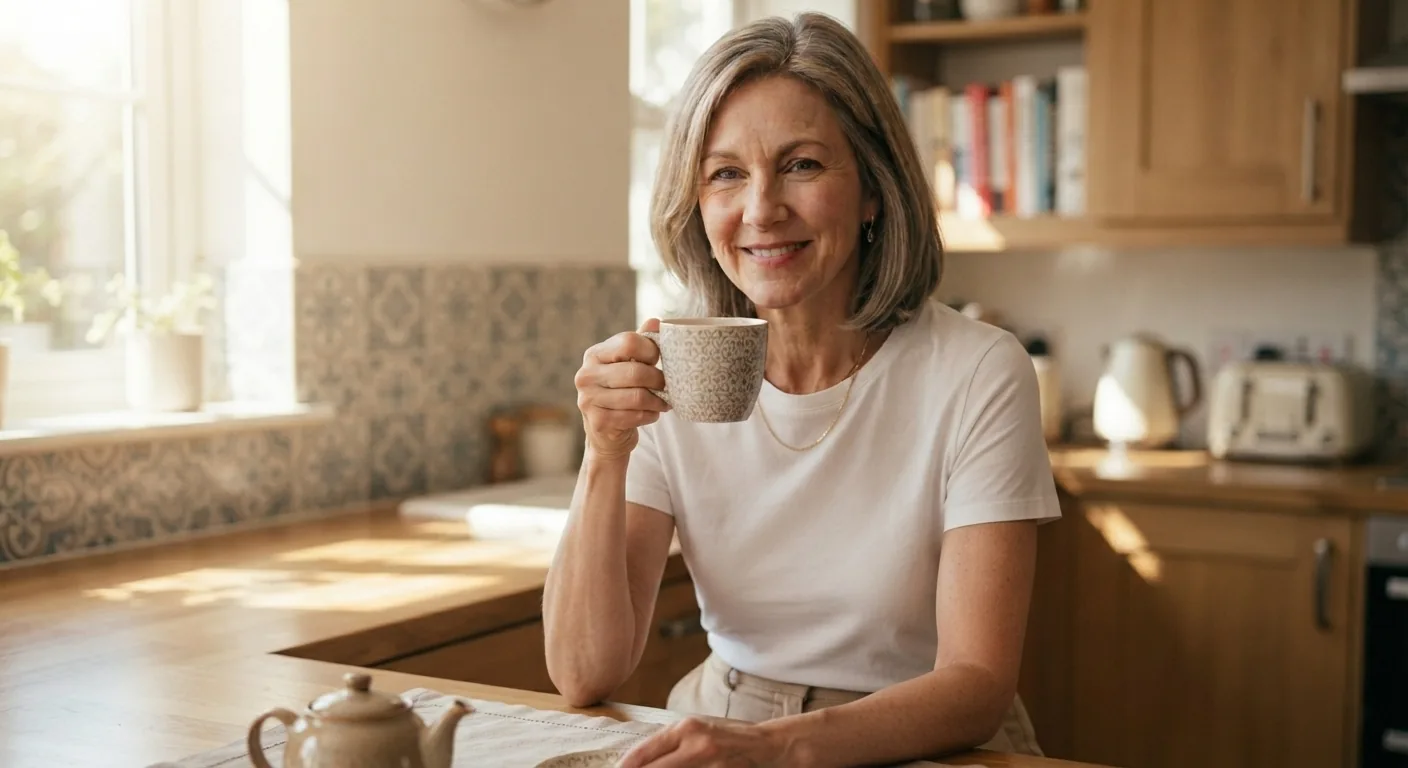 A smiling woman holding a cup of tea in a sunny kitchen