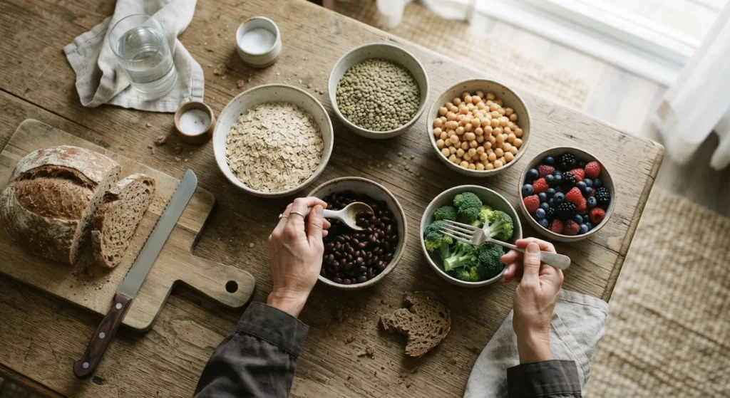 A table of high-fibre foods: oats, lentils, beans, vegetables, berries and whole grain bread