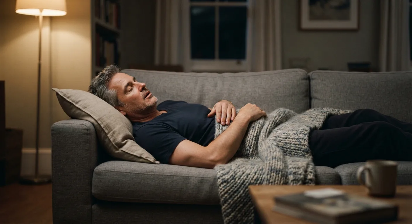 A man sleeps flat on his back on a sofa with his mouth slightly open under a warm lamp