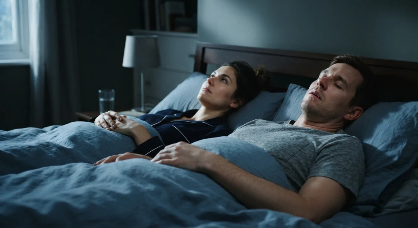 A woman lies awake beside her partner, who snores with his mouth closed