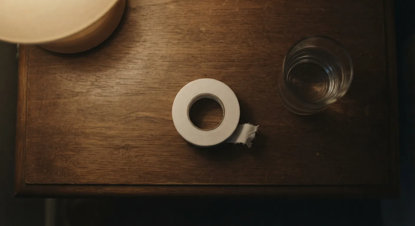 A roll of white medical tape next to a glass of water on a nightstand