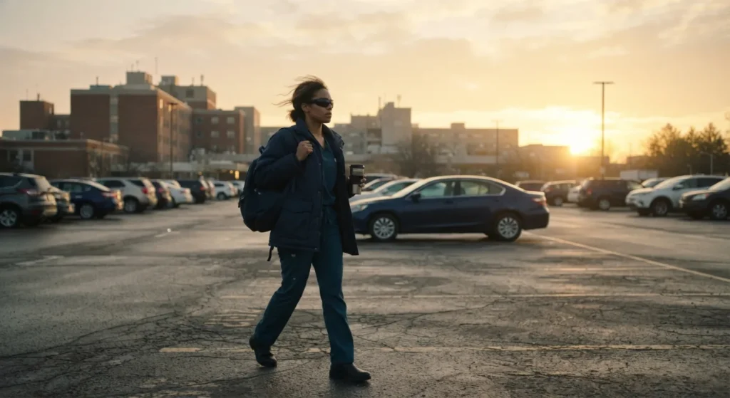 A night-shift worker wearing dark sunglasses on the way home at sunrise
