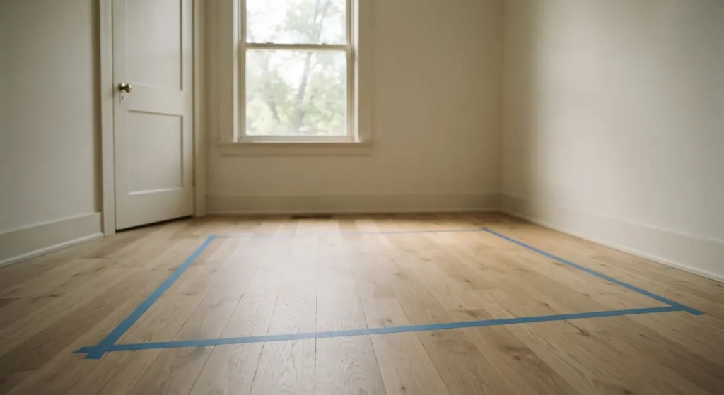 Blue painter's tape marking a bed's outline on a bedroom floor to check room fit