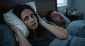 A woman kept awake at night by her partner's snoring