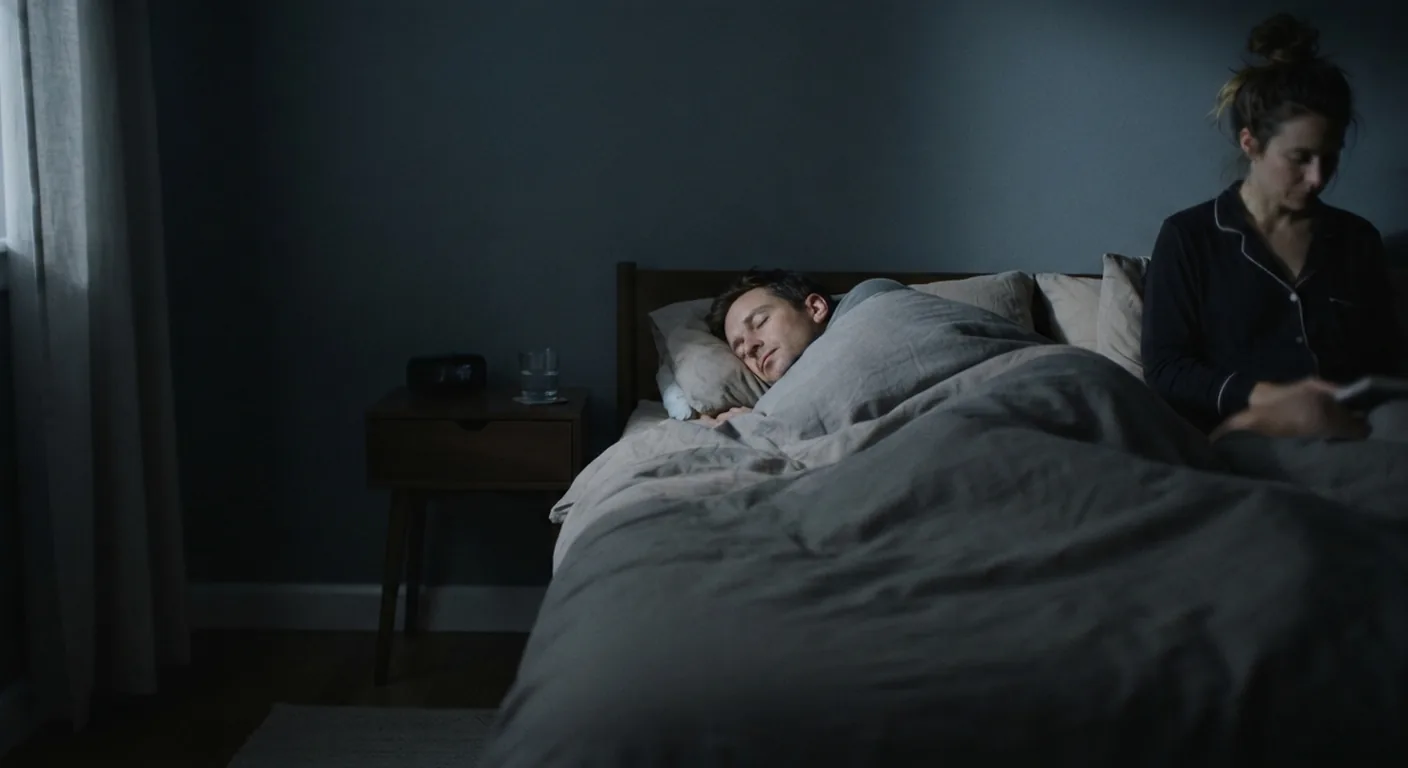 A woman sits awake in bed at night while her partner sleeps beside her