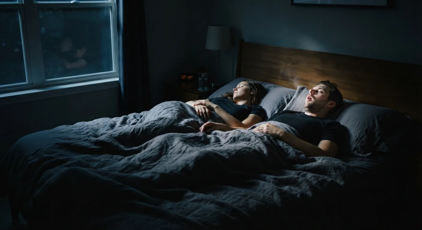 A couple sleeps in a dark bedroom with one partner snoring