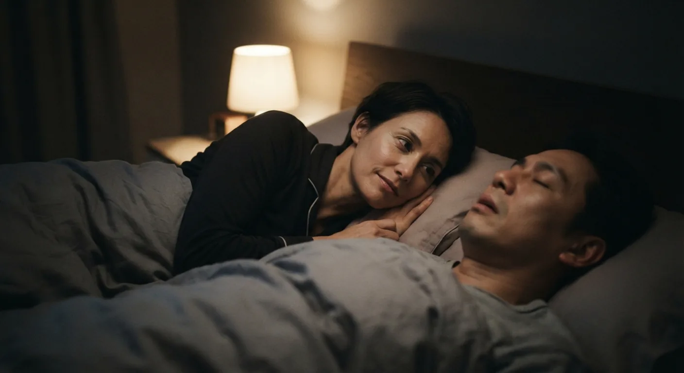 A woman lies awake on her side listening to her husband, who sleeps on his back beside her