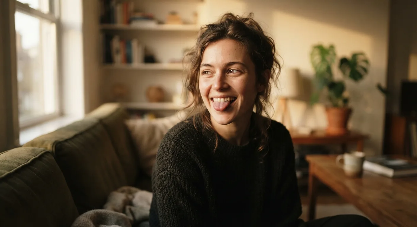 A smiling woman sticking her tongue out on a sofa at home