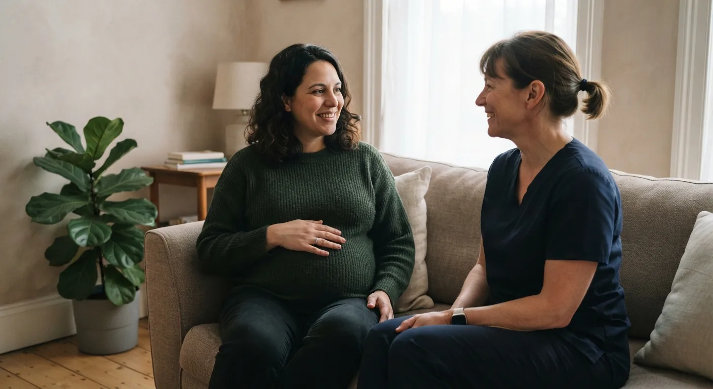 A pregnant woman talks with a midwife on a sofa in a bright clinic room