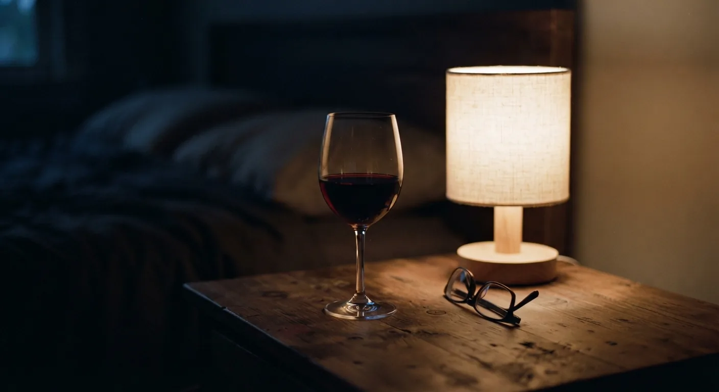 A glass of red wine stands on a wooden nightstand beside a lamp in the evening
