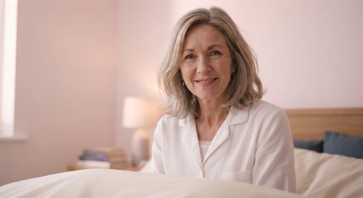A smiling mature woman in white pyjamas sitting up in bed in the morning
