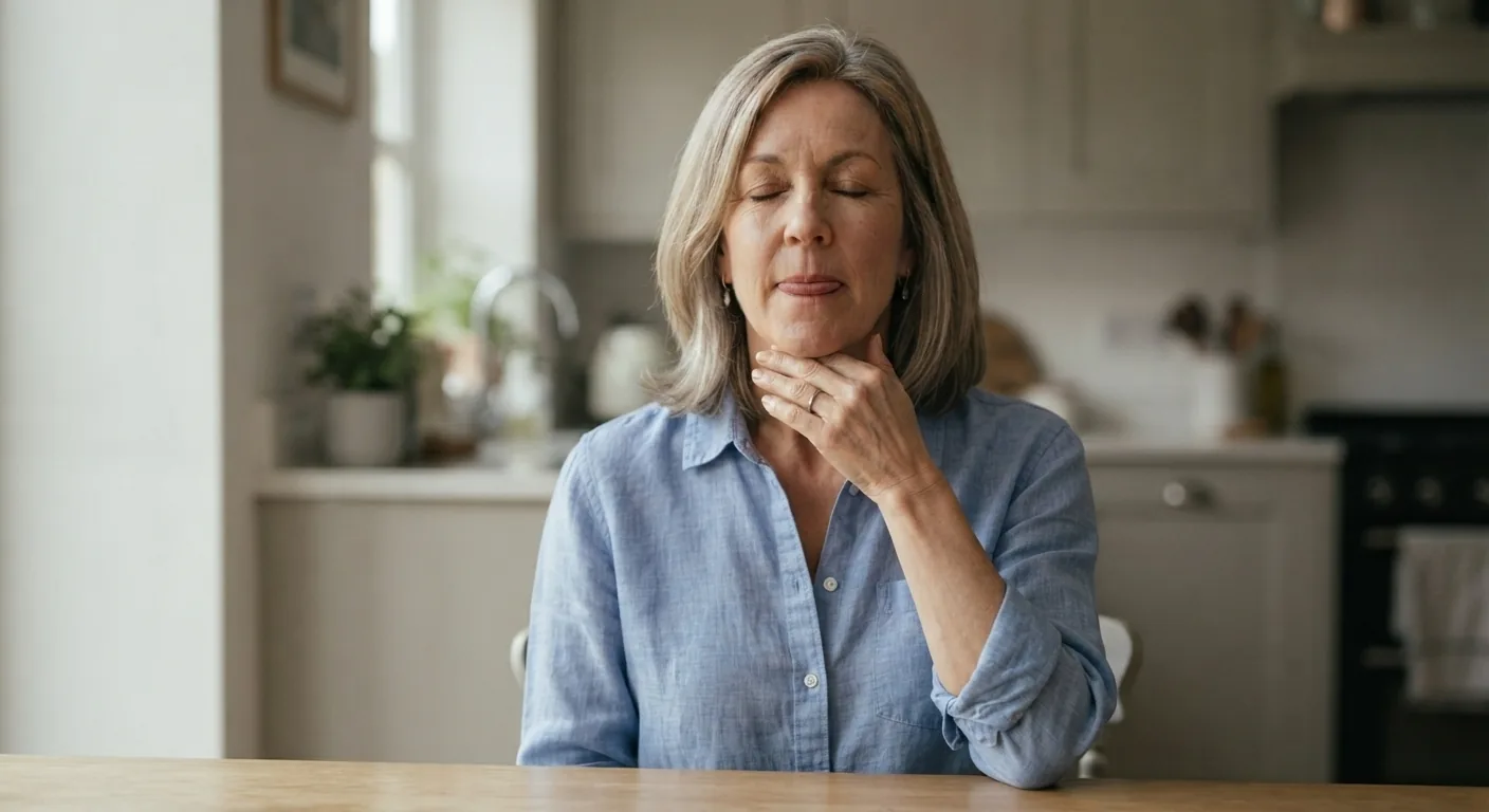 A woman sits at a kitchen table practising a tongue exercise with a relaxed jaw