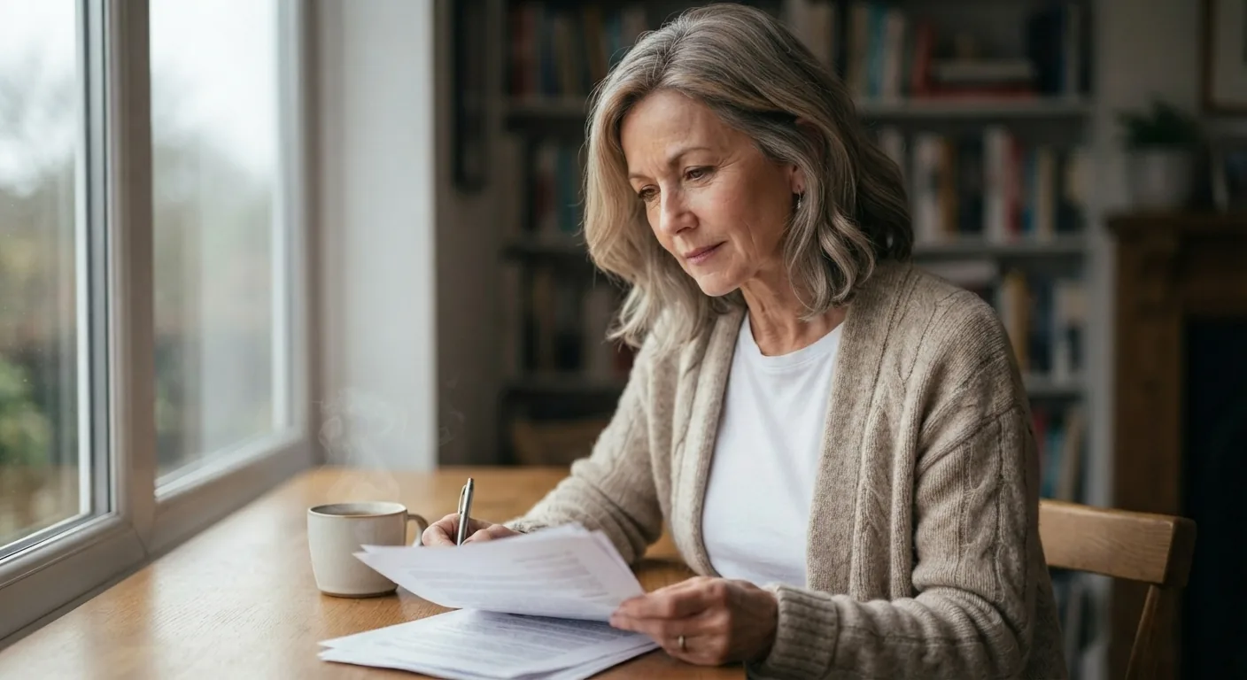 A woman reads a stack of printed pages with a pen at a wooden desk by a window