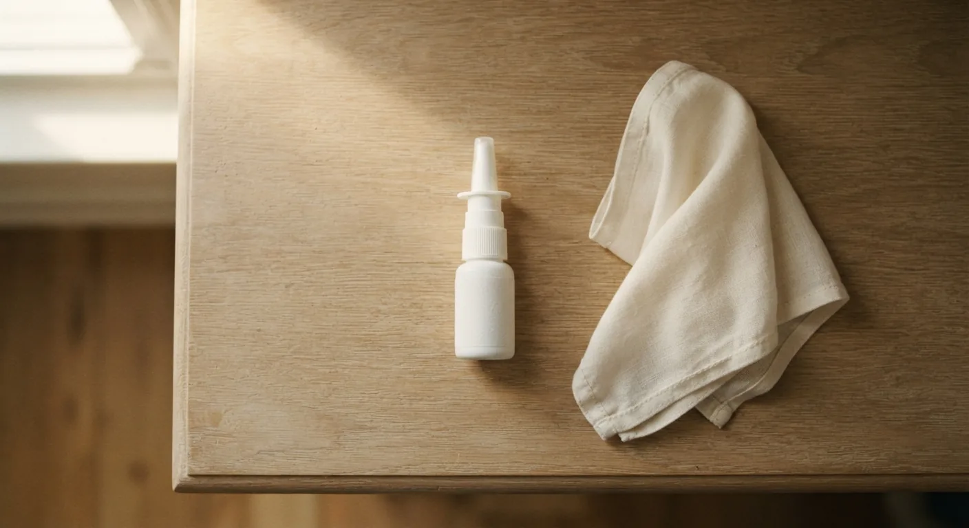 A nasal spray for snoring next to a cotton handkerchief on a wooden table