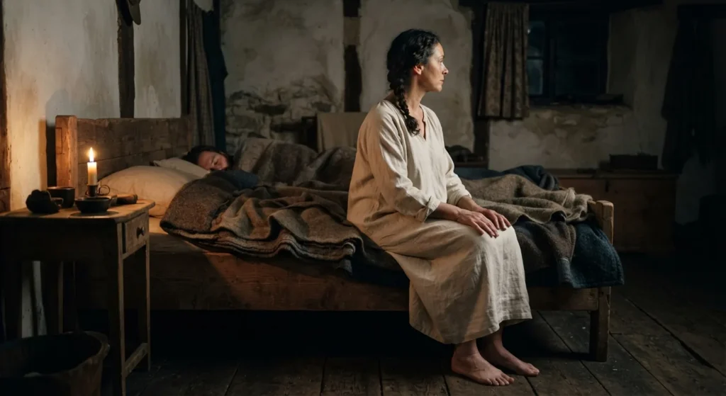 A person awake by candlelight in the night, the quiet gap between first and second sleep in historical records