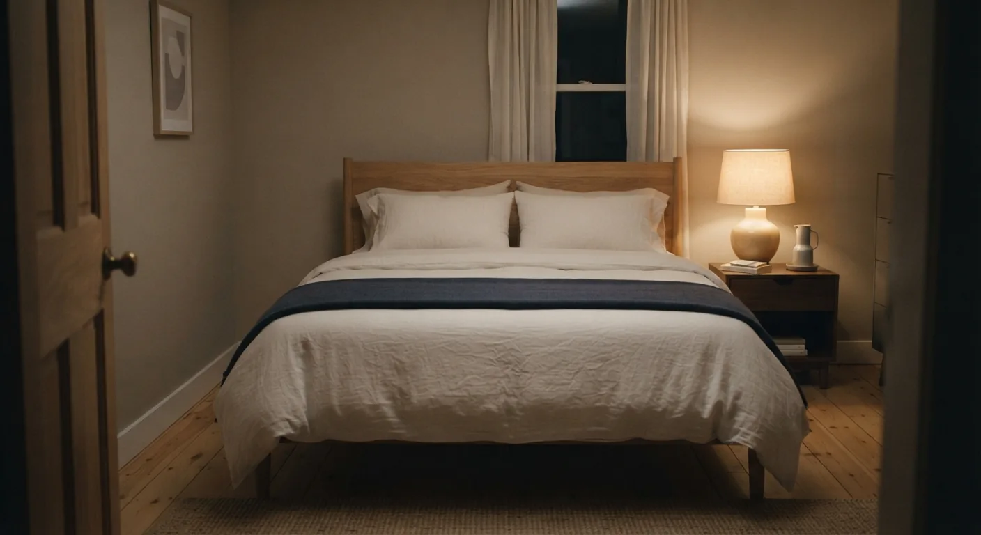 A neatly made bed in a quiet spare room used as a separate sleeping space