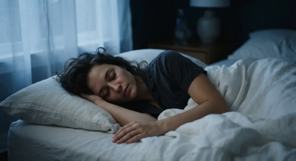 A woman sleeping peacefully in a dark, calm bedroom
