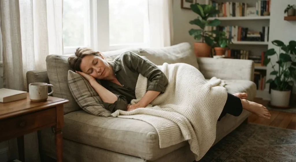 A woman taking a short early-afternoon nap on a sofa under a knitted blanket