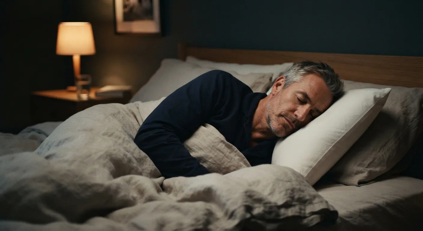 A man asleep on his side in bed at night