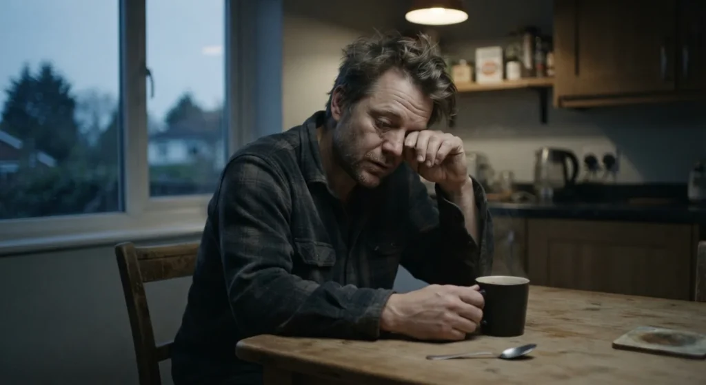 A tired man rubbing his eyes over a morning coffee after a short night's sleep
