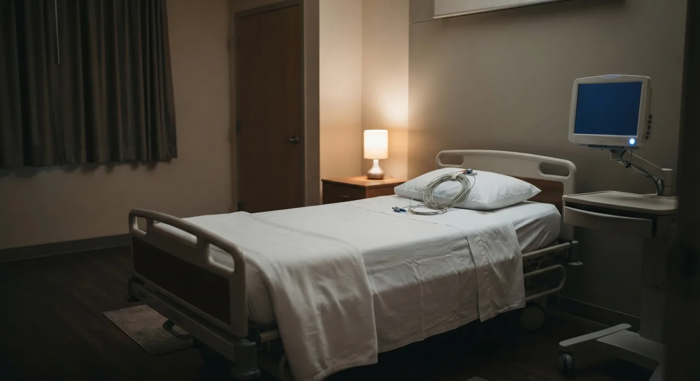An empty sleep-lab bed with sensor wires on the pillow and a glowing monitor