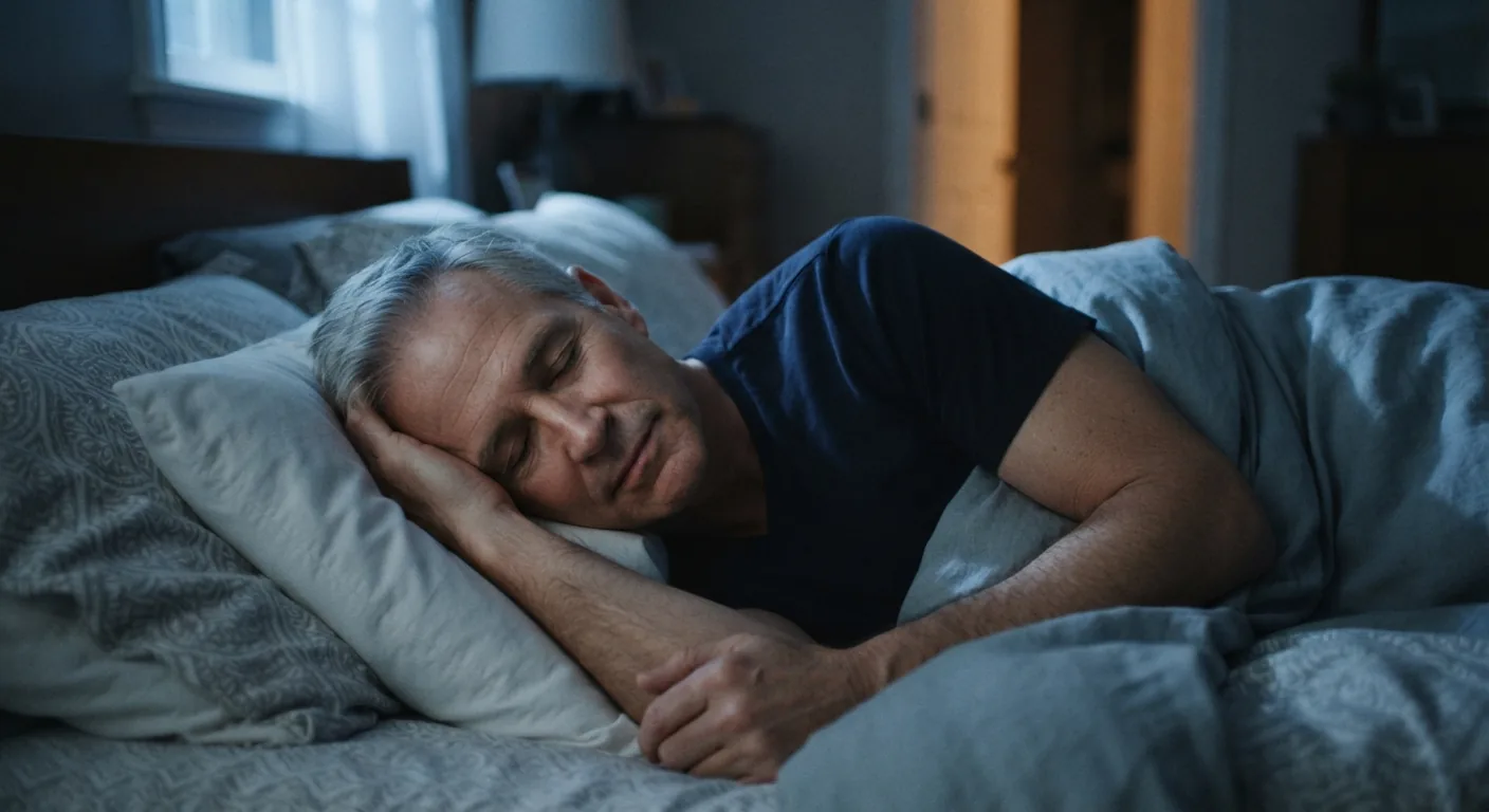 A grey-haired man sleeps on his side in bed in soft moonlight