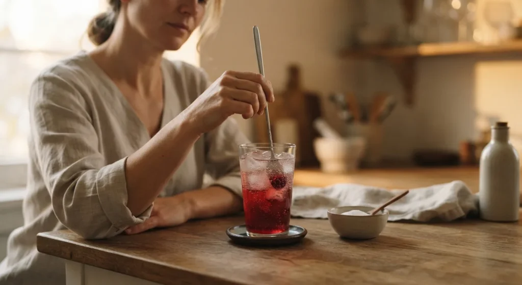 A sleepy girl mocktail being stirred: tart cherry juice, magnesium powder and sparkling water over ice