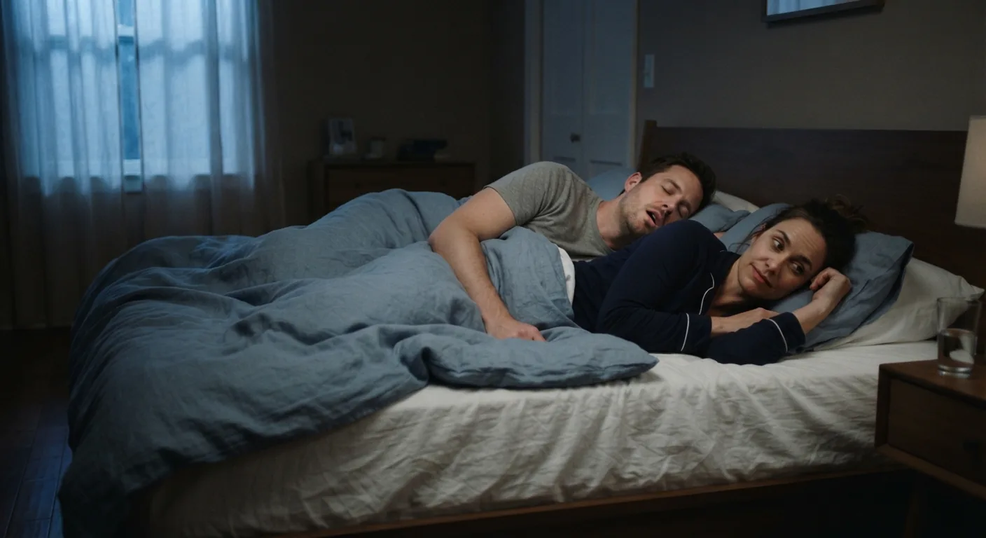 A woman lies awake beside her partner, who snores on his back with his mouth open
