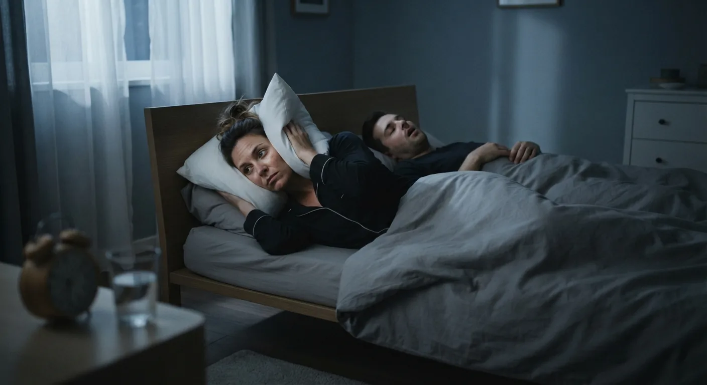 A woman covers her ear with a pillow while her partner snores beside her