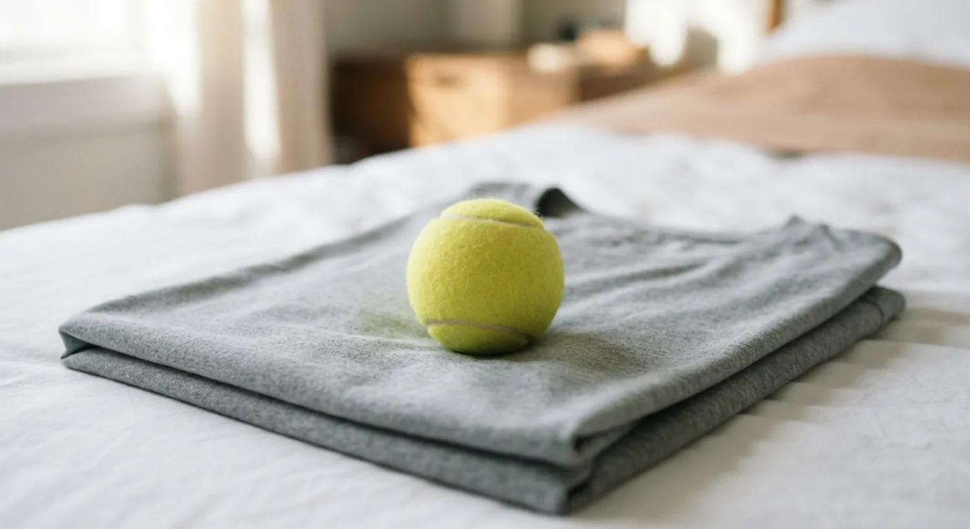 A plain tennis ball rests on a folded grey T-shirt on a white duvet