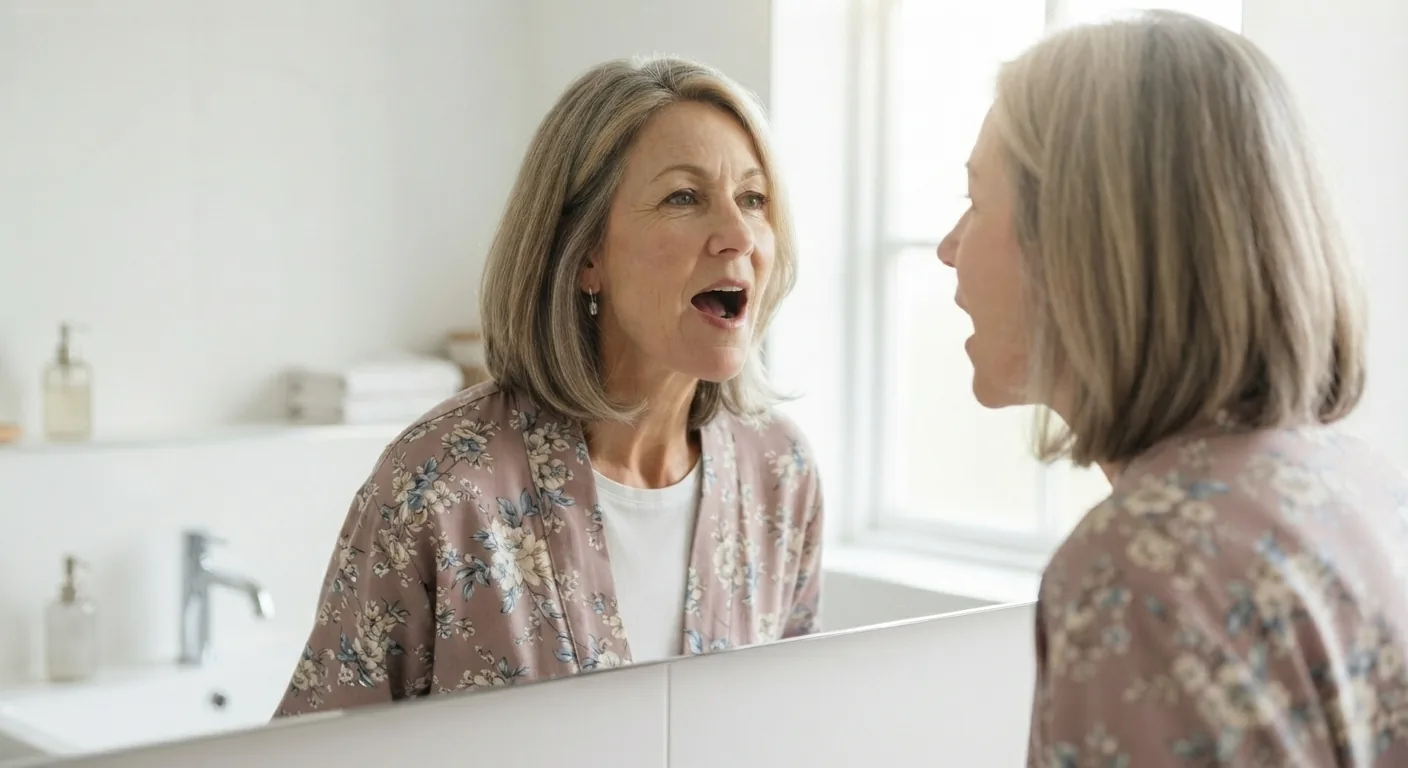 A woman says Ahh in front of a bathroom mirror to check her soft palate