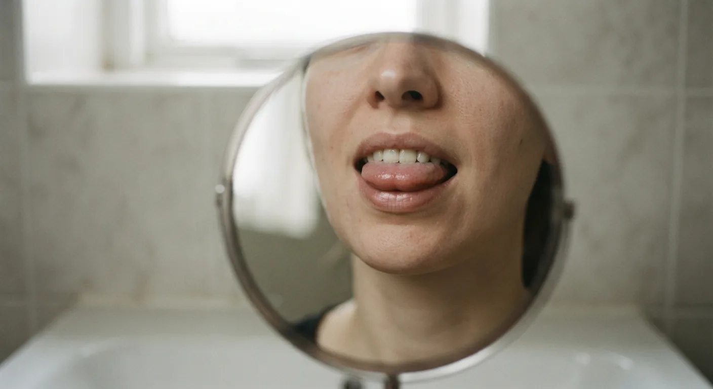 A mirror showing a person sticking out their tongue in a bathroom