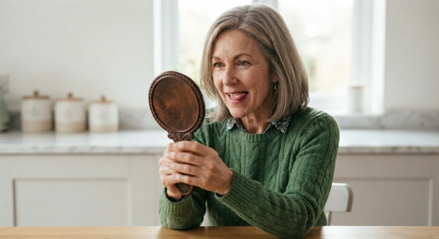A woman holds the tip of her tongue between her teeth while looking in a hand mirror