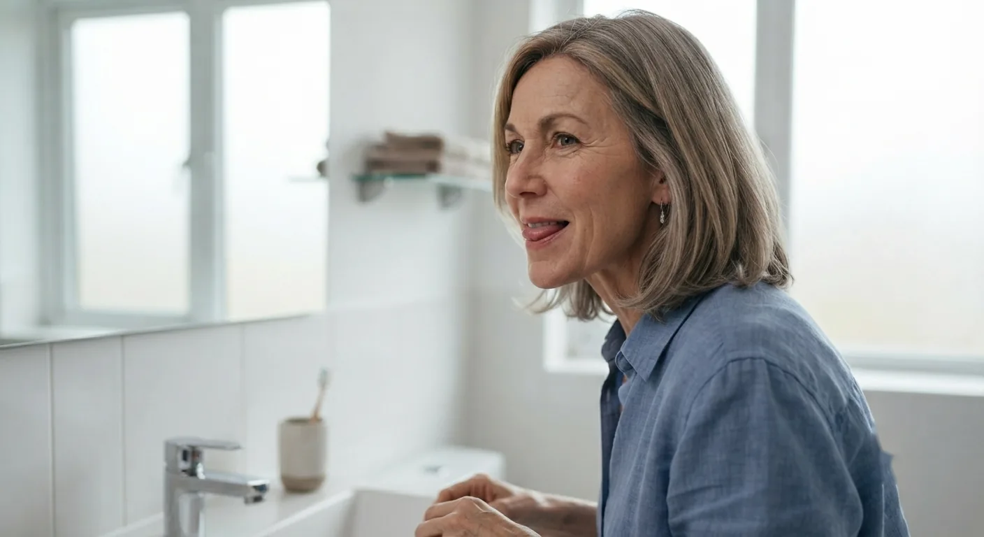 A woman holds the tip of her tongue between her teeth at a bathroom mirror