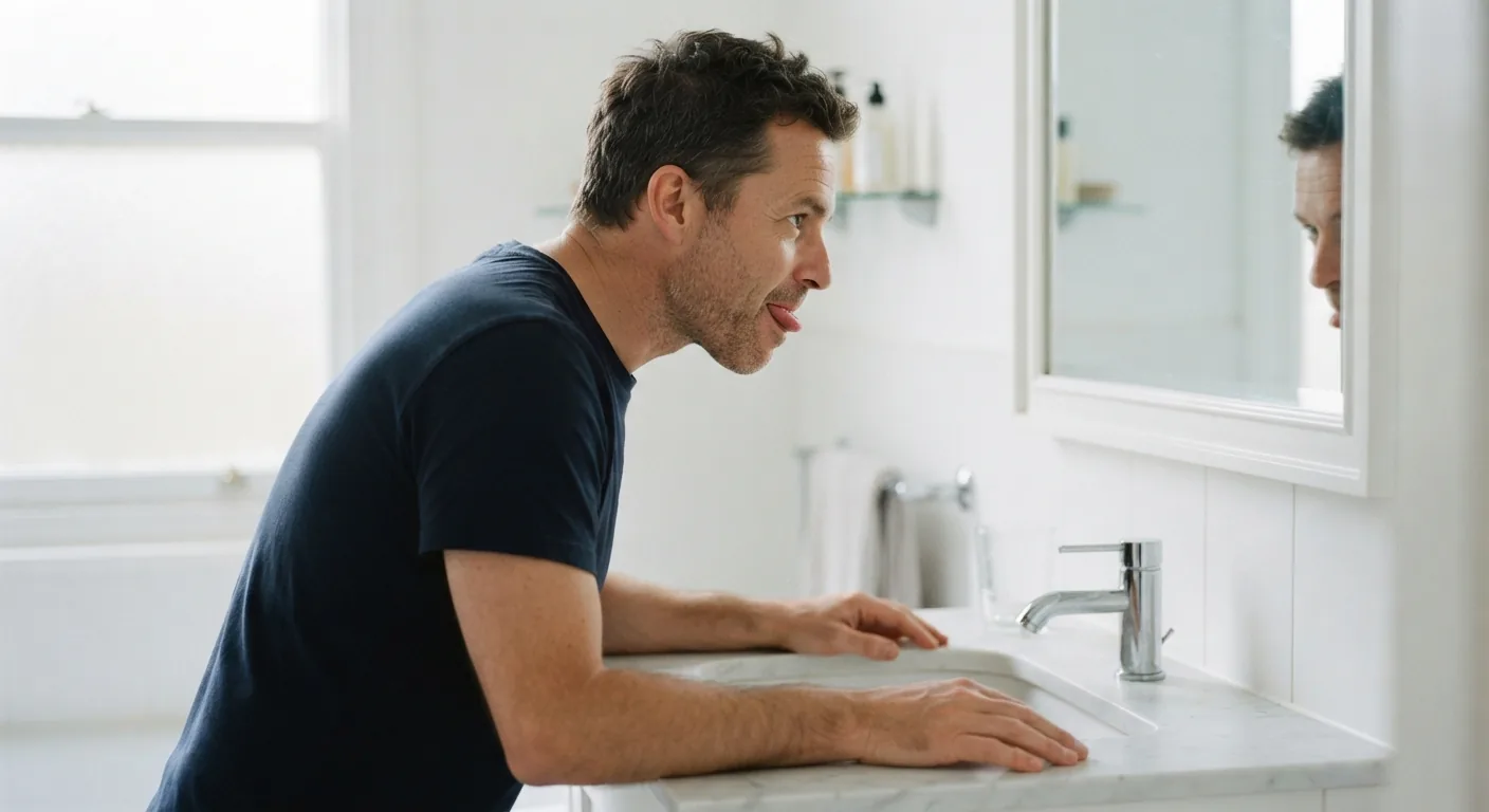 A man holds the tip of his tongue between his teeth at a bathroom mirror