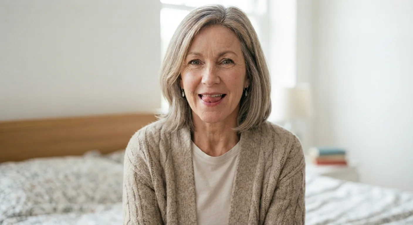 A woman sits on her bed holding the tip of her tongue between her teeth