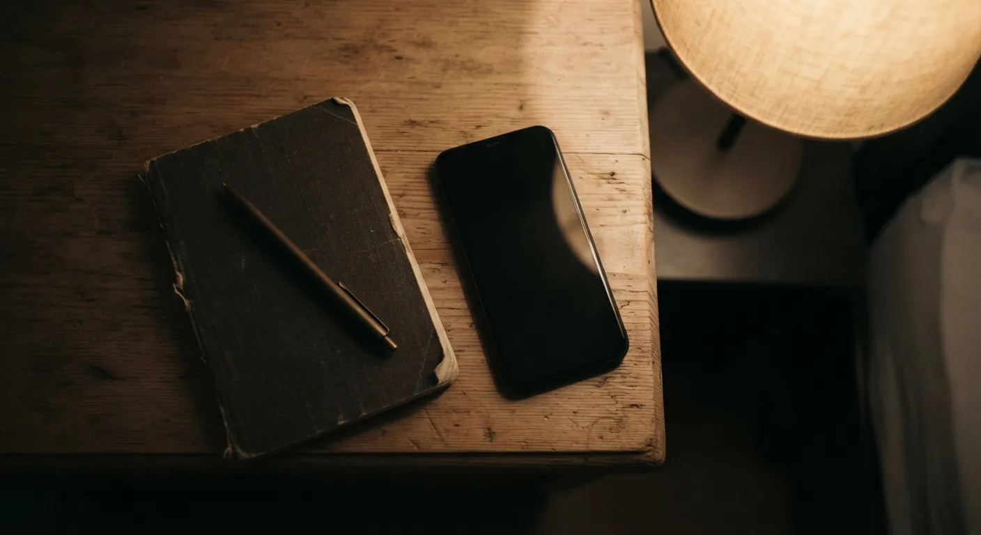 A phone with a dark screen, a closed notebook and a pen on a bedside table at night