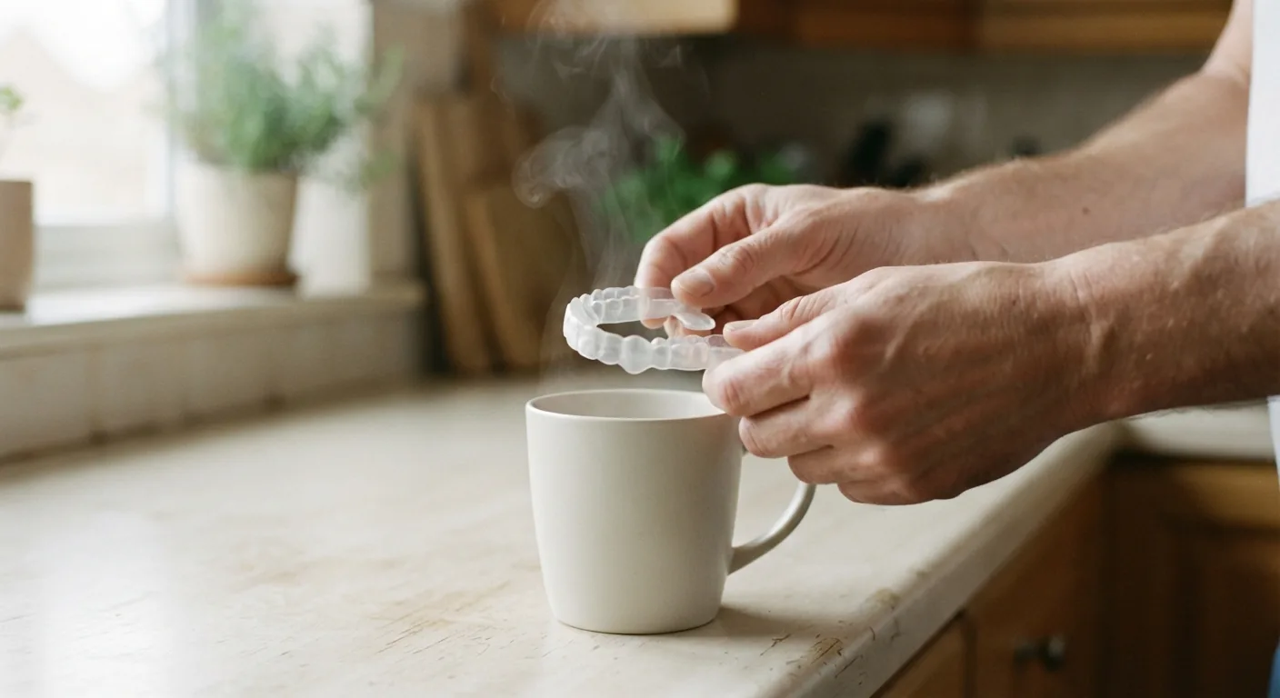 Hands holding a clear mouthpiece tray above a mug of hot water