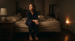 A woman awake in the middle of the night, sitting on her bed by a dim, warm night light