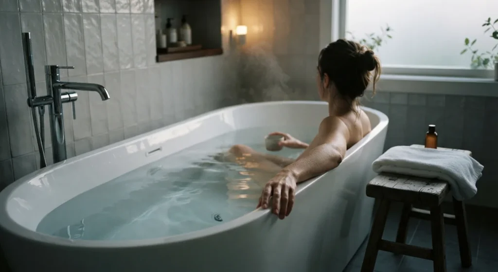 A woman relaxing in a warm bath in the evening, one to two hours before bed