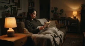 A living room lit only by low, warm table lamps in the evening before bed