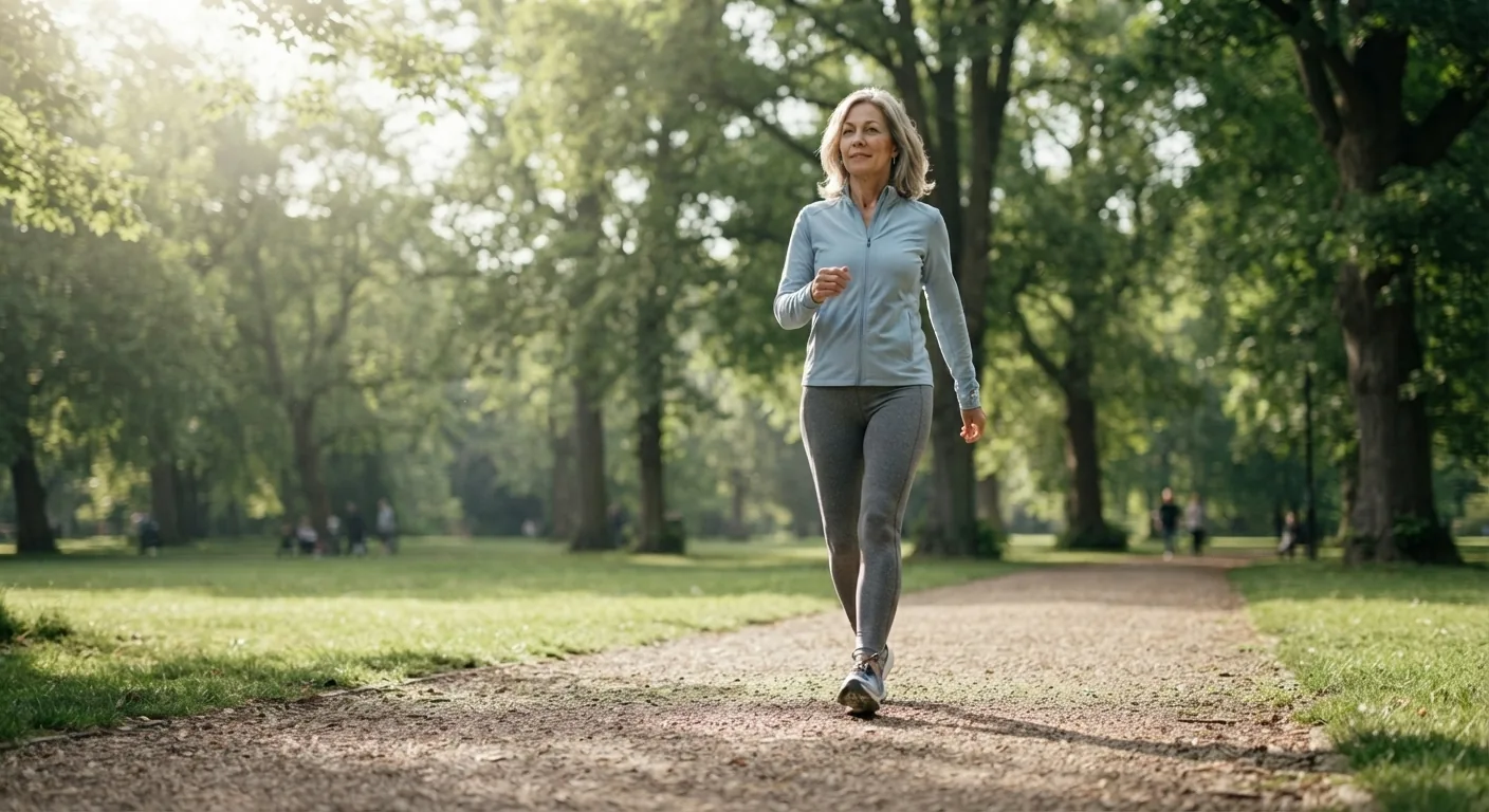 A woman in her late 50s walks briskly along a sunny park path in the morning