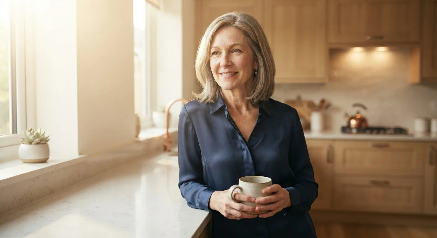 A smiling woman holding a mug in a sunny kitchen