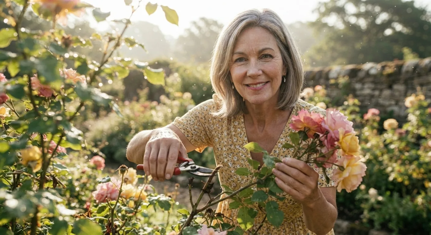 Sarah smiles while pruning roses after discovering how to sleep with someone who snores